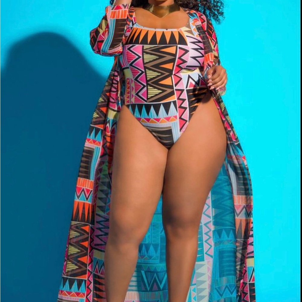 Monif C. Aztec Orange Swim Coverup. - Picture 2 of 7